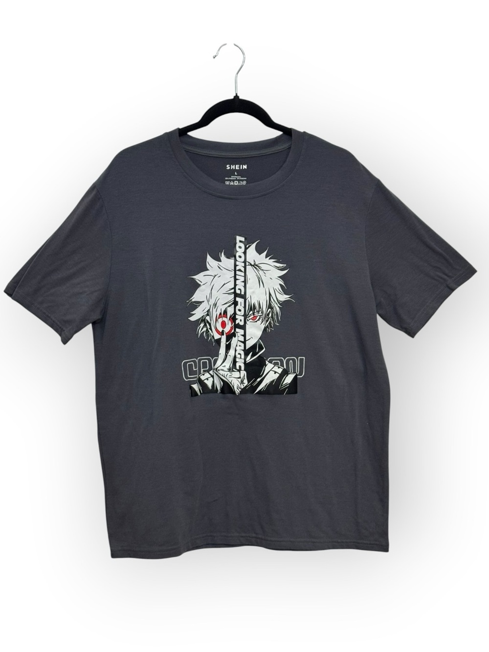 SHEIN Men's Dark Gray Anime Graphic Tee with Red Accent